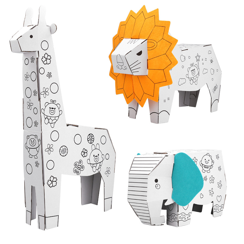 DIY 3d Carton Handmade Cardboard Animal Graffiti Model Kindergarten Carton Toy Can Be Colored Make Lion Elephant Toys