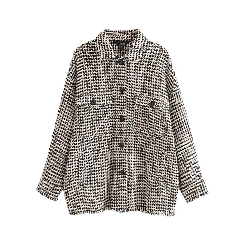 Vadim women plaid oversized tweed jacket tassels pockets loose style long sleeve coats female outwear warm causal tops CA607: S