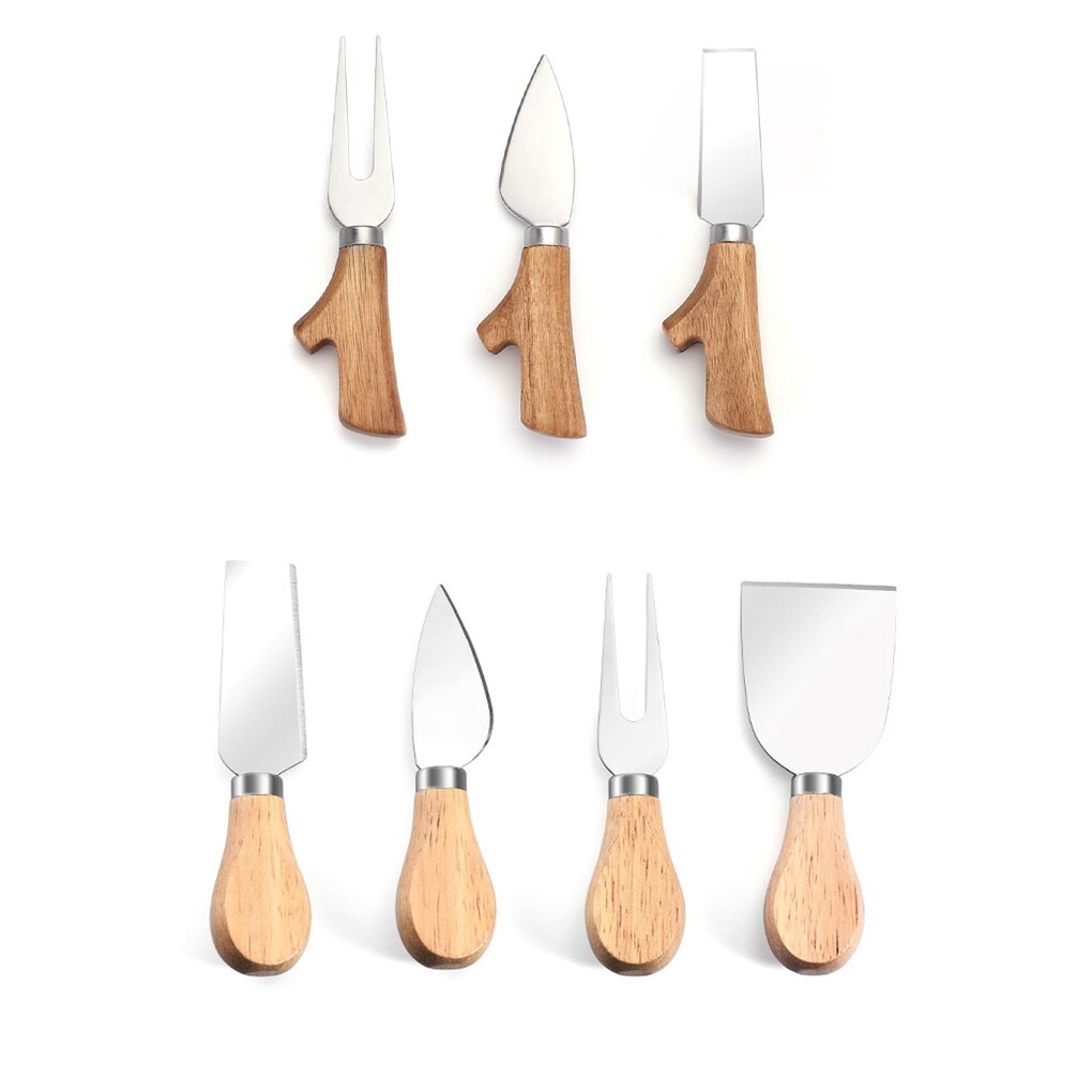 4 Steel Stainless Cheese Slicer Cutter Cheese Knives Set Cheese CutleryWood Handle Mini Knife Butter Knife Spatula &amp; Fork