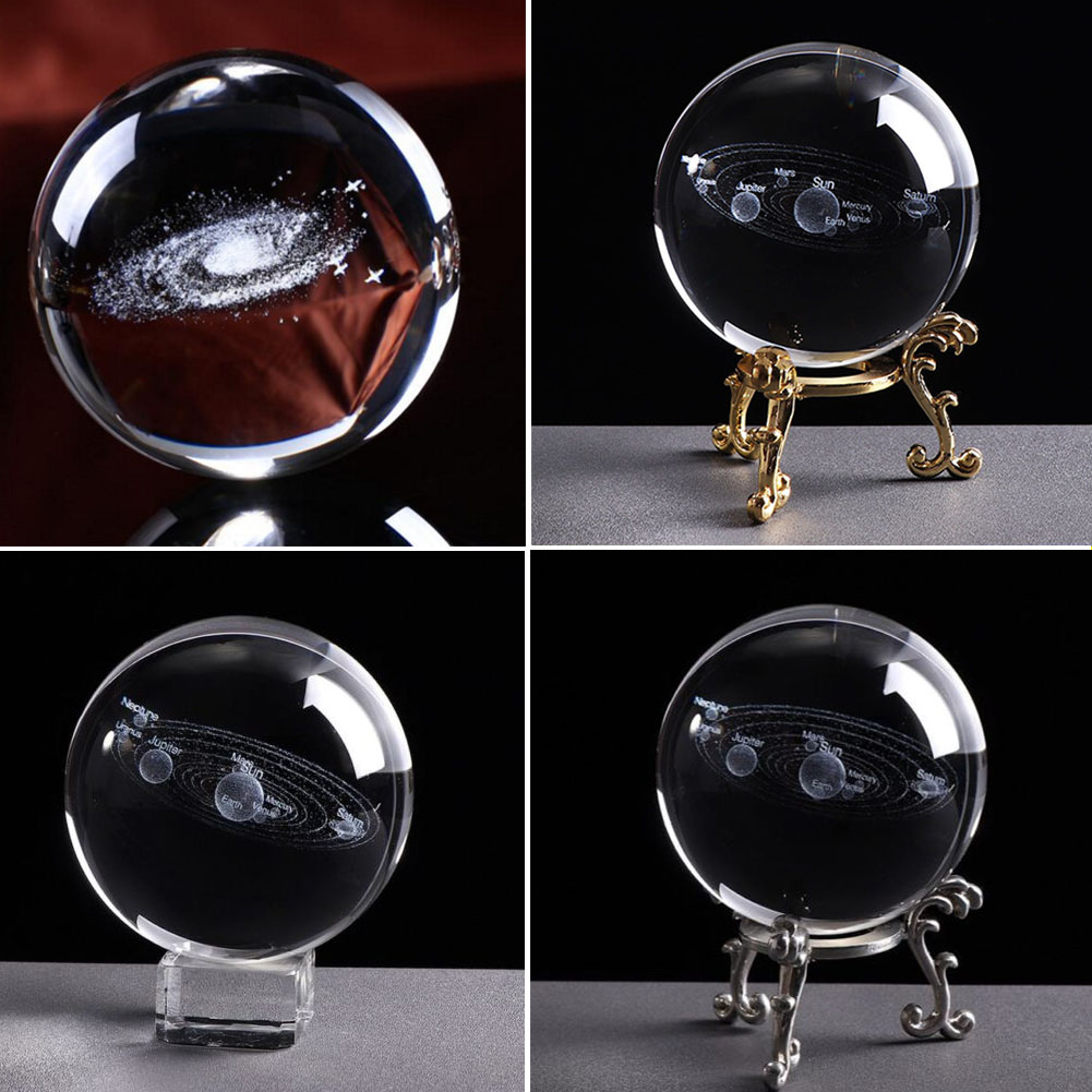6cm Sphere Home 3D Crystal Ball Clear Miniature Craft Desktop Decoration Photo Props Engraved Solar System With Base
