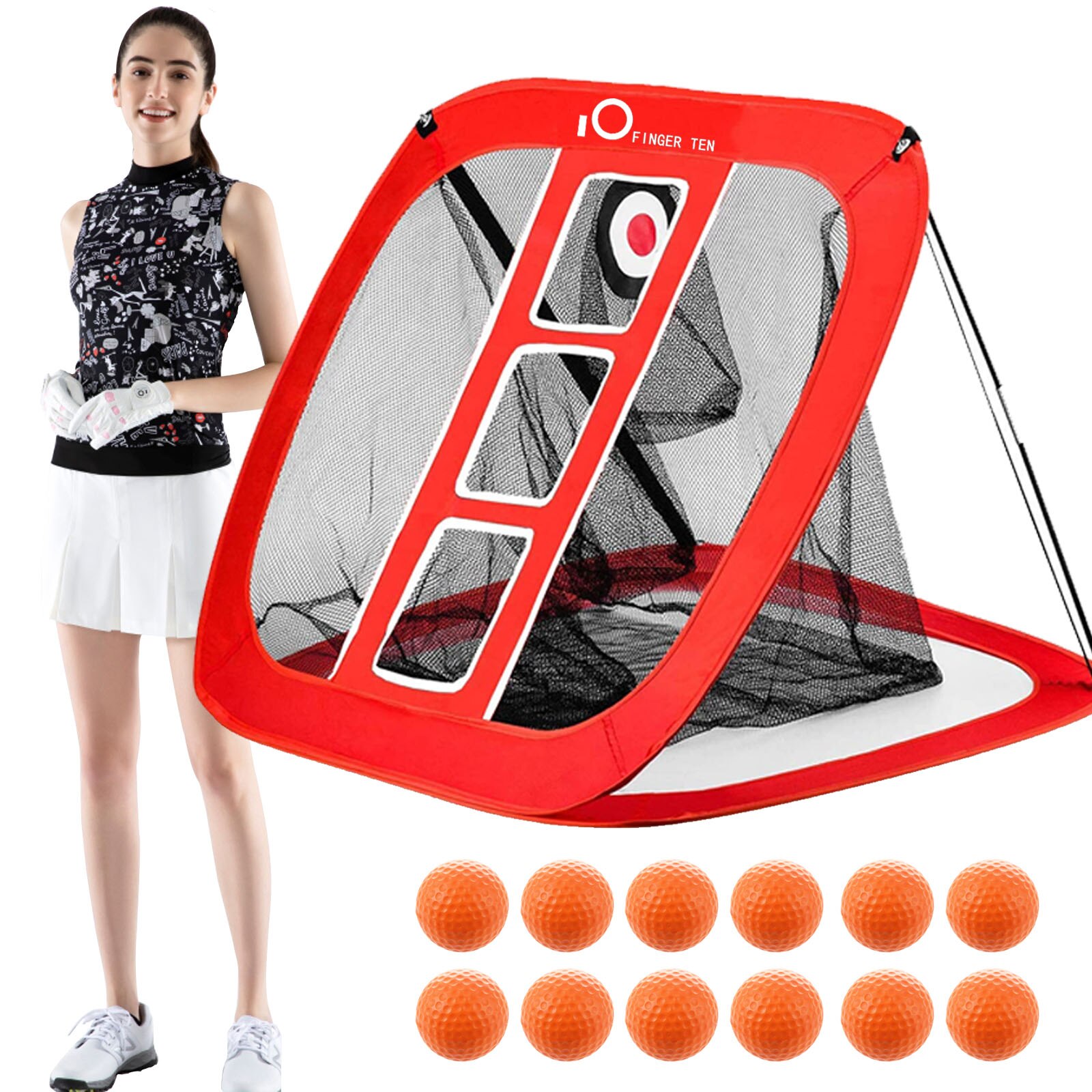 Indoor Outdoor Training Golf Chipping Net Pitching Hitting Nets with Bag Swing Target Pop Up Garden Accessories: Red with 12 Balls
