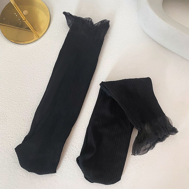 2022 frühling Sommer Mädchen Socken Neue Prinzessin Nette Atmungsaktive Lange Rohr Pile Socken Glas Silk Spitze Waden Socken: Black