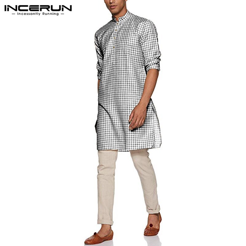 Herr rutig skjorta indiska kläder vintage långärmad ställning krage casual muslim streetwear herr långa skjortor kurta toppar plus size