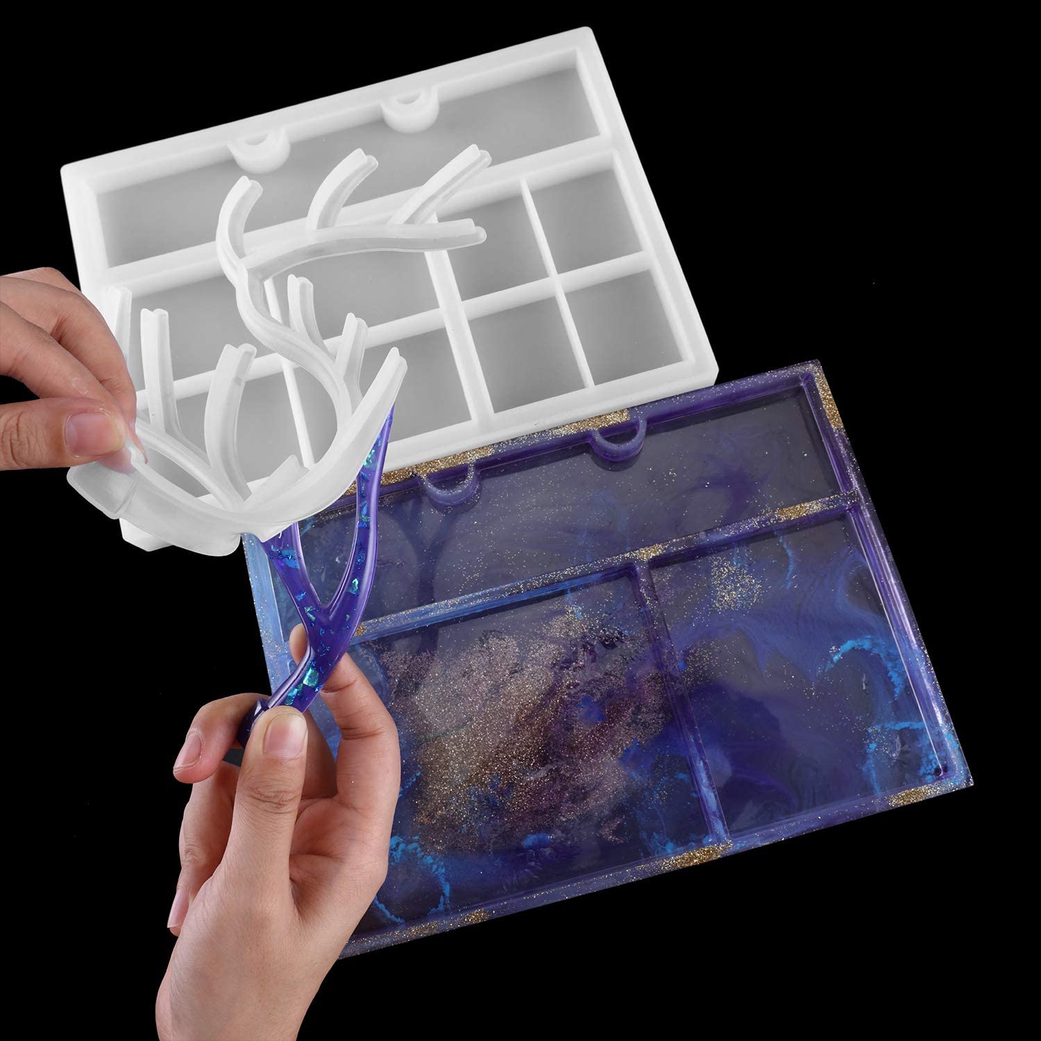 1 ensemble Silicone résine plateau cerf corne moule avec bijoux organisateur moules bois présentoir plateau époxy résine coulée moules