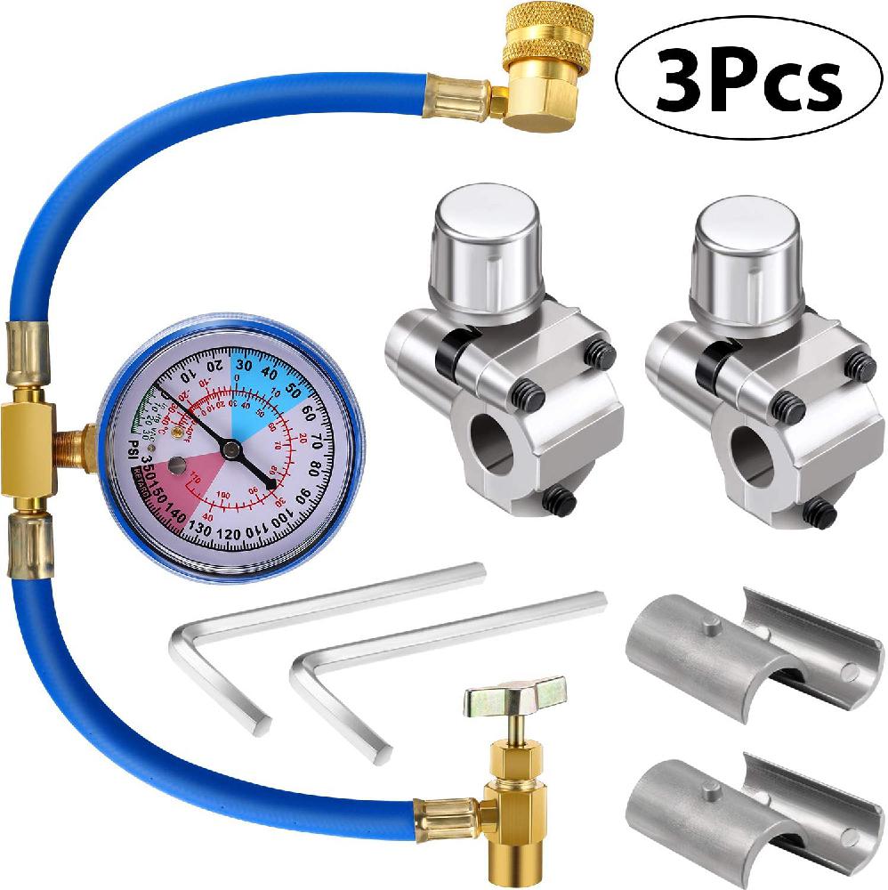 Juego de válvulas para Piercing de refrigerante de aire acondicionado de automóvil, manguera de carga en U, refrigerante, con manómetro, 3 uds.