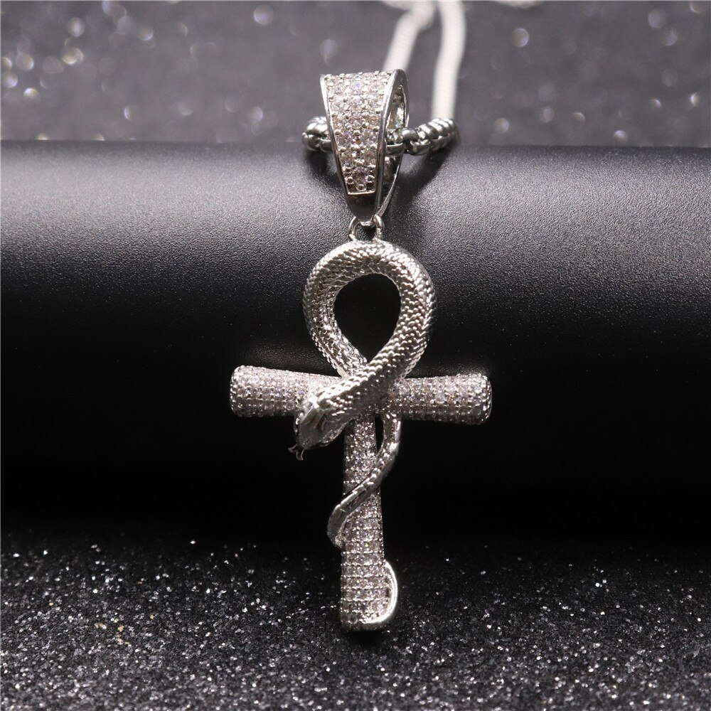 Hiphop Sieraden Bling Iced Out Ankh Kruis Met Slang Hanger Kettingen Pave Instellen Cubic Zirconia Vintage Ketting Voor Vrouwen