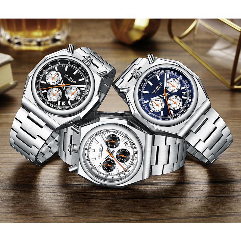 MINI FOCUS MF0601G Luxury Men Quartz Watch Waterproof Chronograph Stainless Steel Band Luminous Hands Classic Wristwatch