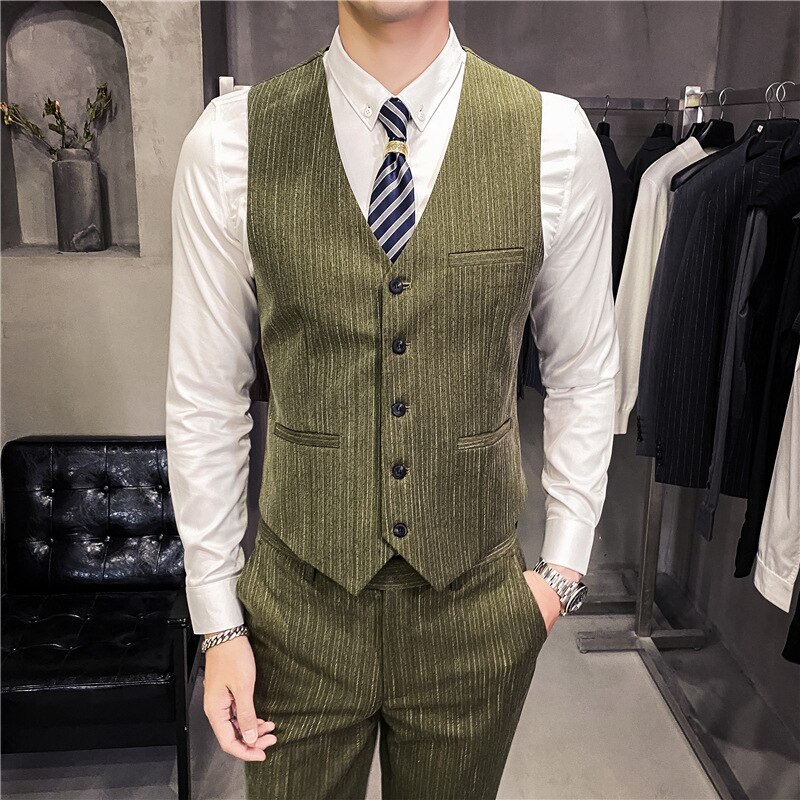 retro Gestreiften Herren Anzug Weste Clever Beiläufige Dünne Westen Männer Formale Kleid Geschäft Hochzeit Party Jahrgang Männlichen Weste Gilet Homme: Grün / XXXL