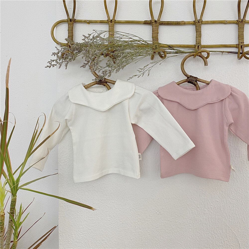 Meninas do bebê 0-2 anos bonito Pétalas gola base de manga longa t-shirts de algodão macio cor sólida all-combinar com Tops
