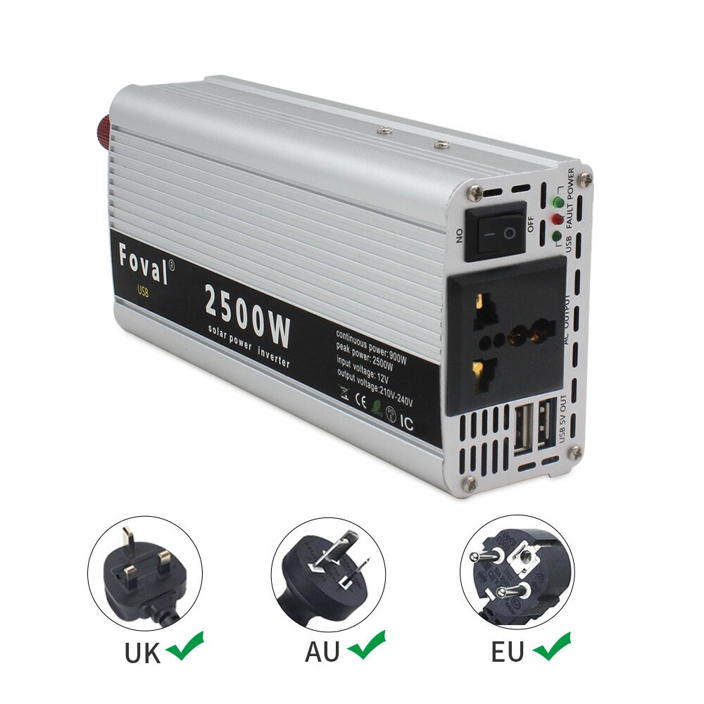Onduleur de puissance de crête 2500W 12V à 220V pour voiture solaire, onduleur automatique à onde sinusoïdale modifiée, double port usb et prise allume-cigare