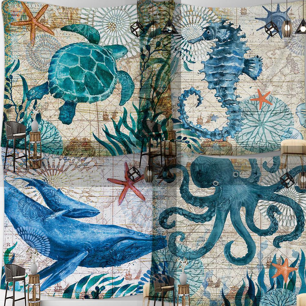 Tortue de mer hippocampe baleine poulpe vie marine océan tenture trippante tapisserie murale décoration faite à la main art chambre salon dortoir