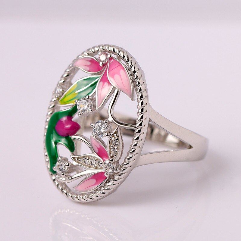 Vrouwen Prachtige Handgemaakte Emaille Lotus Blossom Bloem Blad Ringen Shiny Zirconia Hollow Out Unieke Vintage Ringen Voor Vrouwelijke