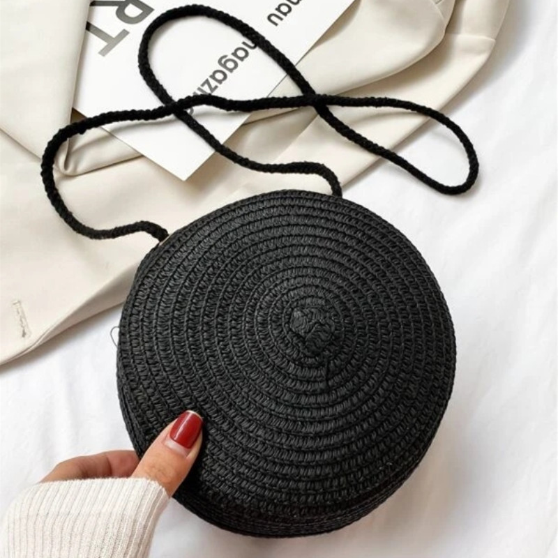minimalistisch ische Stroh tasche Runde Crossbody-Geldbörse Frauen Schulter Berufung Stil Handtasche: Schwarz