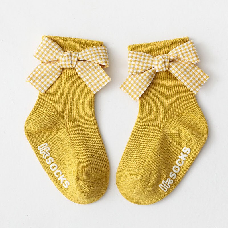 Zoete Plaid Bows Baby Sokken Lente Katoen Prinses Baby Meisjes Korte Sokken Baby Peuter Anti-Slip Vloer Sokken Sokken: yellow