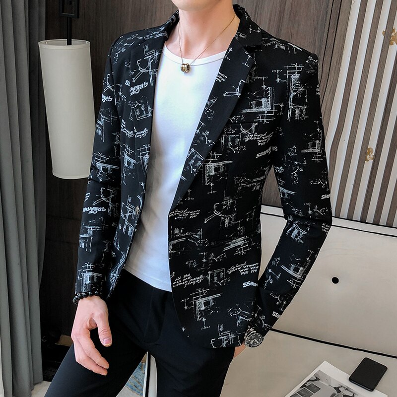 Lente koreaanse jas heren blazer print zakelijke jurk casual slim fit kostuum jas podium heren bruiloft blazer jas