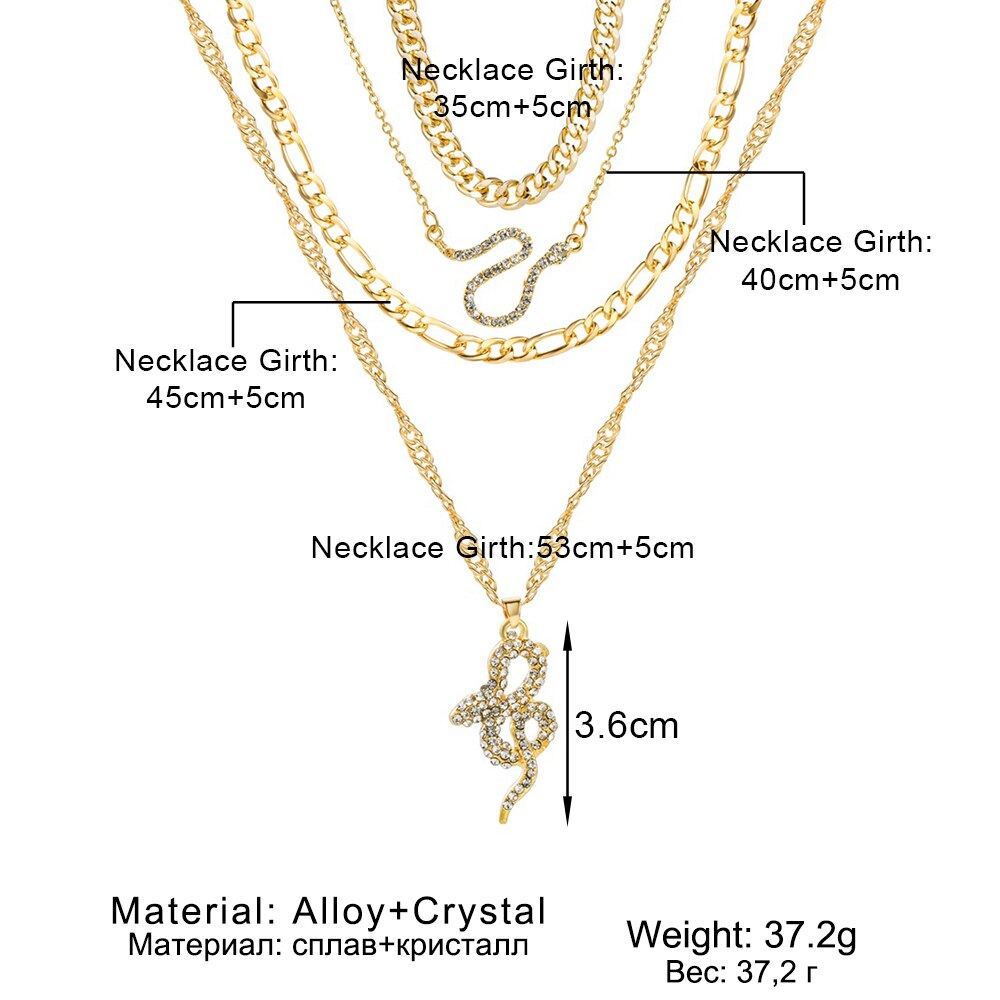 Bohemian Multilayer Chain Crystal Snake Pendant Necklace for Women Vintage Geometric Thick Chain Collar Necklace Punk Jewelry
