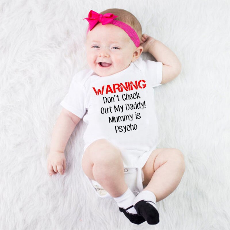 Newborn Baby Clothes Warning Print Romper Playsuit Sunsuit Outfits Infant Boys Girls Summer Rompers Costume White Outwear 0-24M