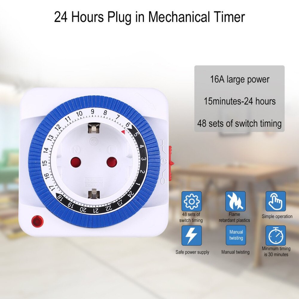 Timer Switch 24 Hours Plug in Mechanical Grounded Programmable Smart Countdown Socket Indoor Auto Power off 230V