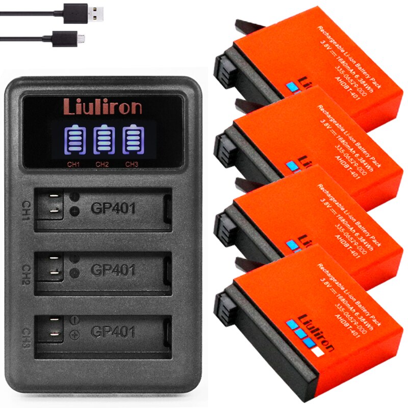 4 Stuks 1680Mah Go Pro Hero 4 Batterij Vervanging + Led 3-Slots Usb Lader Voor Gopro HERO4 AHDBT-401 Actie Camera Bateria