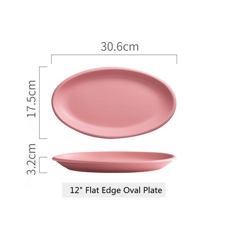 Nordic 12 inch flat side oval ceramic plate hotel home salad steak pasta kitchen kitchen utensils: Pink