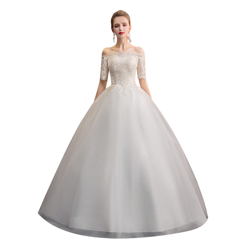 Elegante Weiße Hochzeit Kleider Ballkleid Weg Von Der Schulter Kurzarm Spitze Stickerei Illusion Braut Kleider Kleid De Mariee