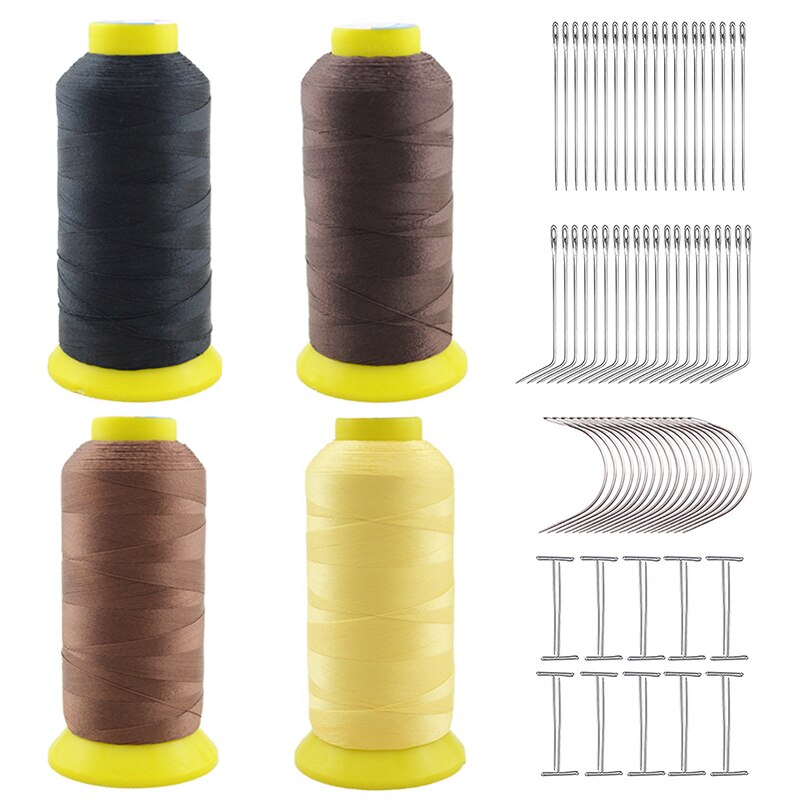 Hair Weave Needle and Thread Set High Strength Nylon Hair Weft Sewing Thread for Making Wig C J I Shaped Needle T Pins