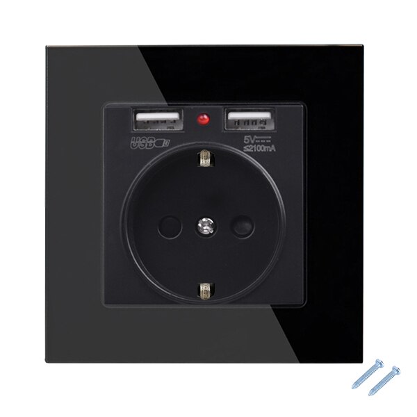 86*86mm Glass Panel EU Stopcontact met 2.1A 2 USB Poorten Opladen, 16A 2100mA Elektrische Stopcontact: Black-1 piece