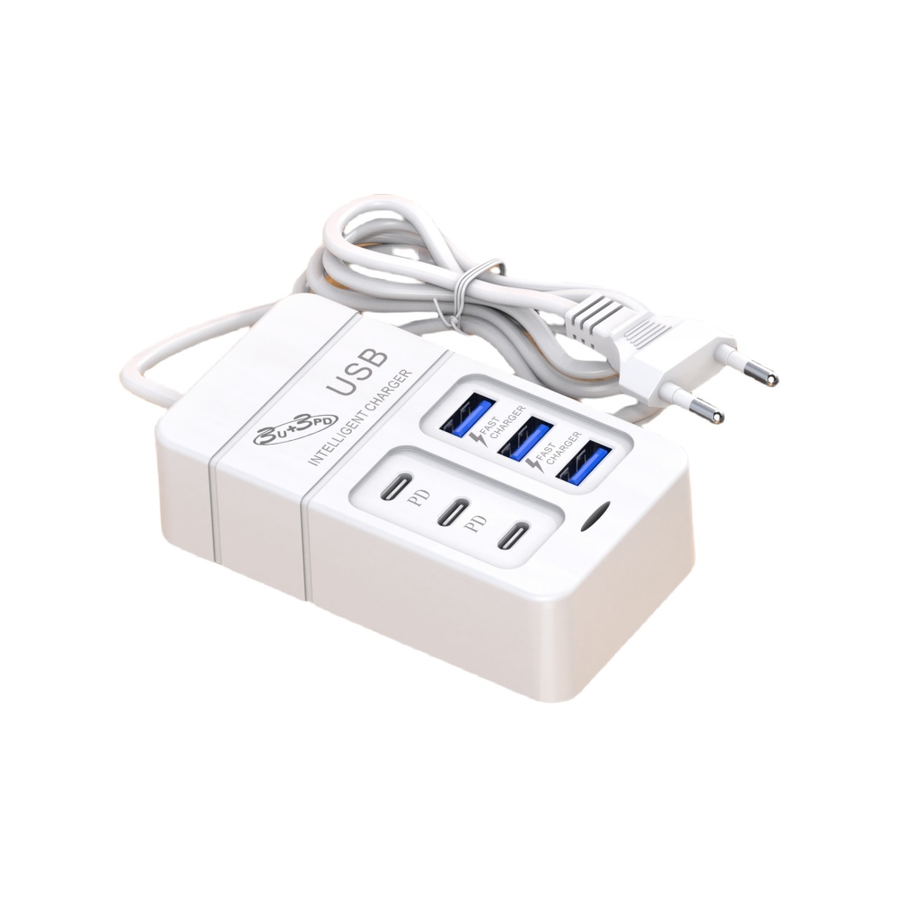 6 in 1 USB-oplader 35W PD Type C snellader oplader wandtelefoonadapter snellader 3.0 USB-hub EU-stekker US-stekker USB-oplader: Blauw