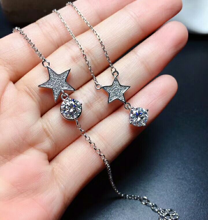 MeiBaPJ 1 carato D colore Reale Moissanite Del diamante 5 Stelle Insieme Dei Monili 925 D'argento del Braccialetto Della Collana Dei Monili di Cerimonia Nuziale per Le Donne