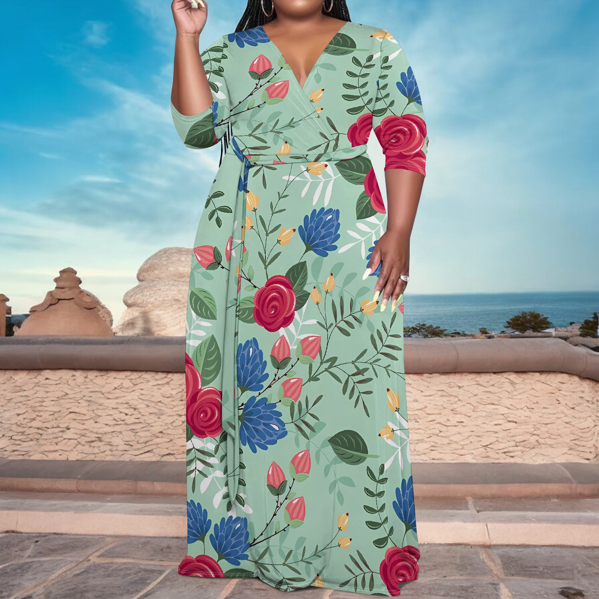 Plus size grøn blomsterprint slå-om maxikjole til kvinder sommer afslappet ferietøj