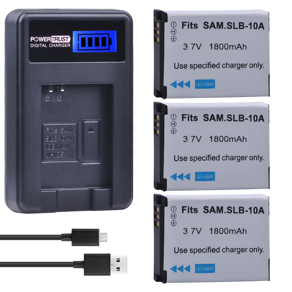 2Pcs SLB-10A SLB10A SLB 10A Camera Battery + LCD USB Charger for Samsung EX2F WB150F WB250F WB350F WB750 WB800F WB500 WB550 HZ10: 3battery and charger