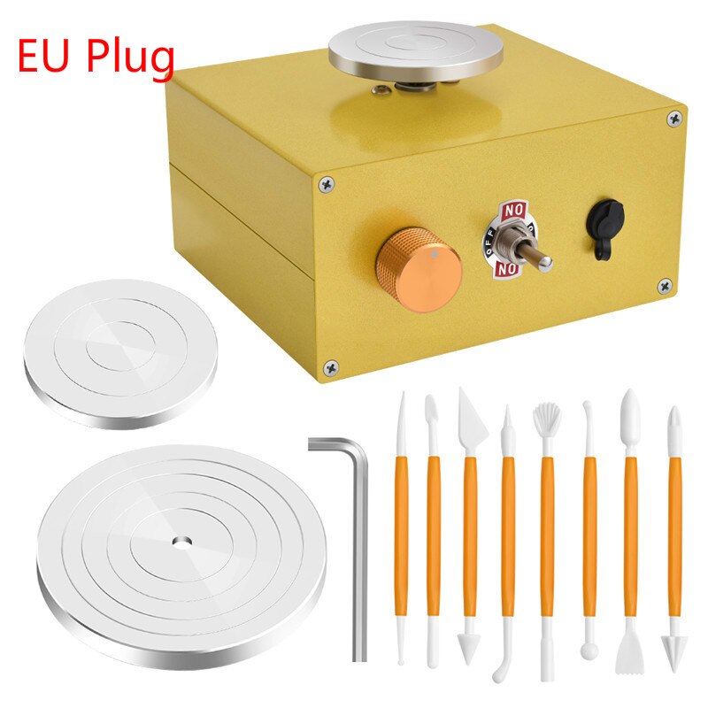 Mini rueda eléctrica de alfarería, máquina de alfarería con rueda giratoria de cerámica, herramientas para arcilla DIY, enchufe US y EU: EU Plug 220V-Yellow