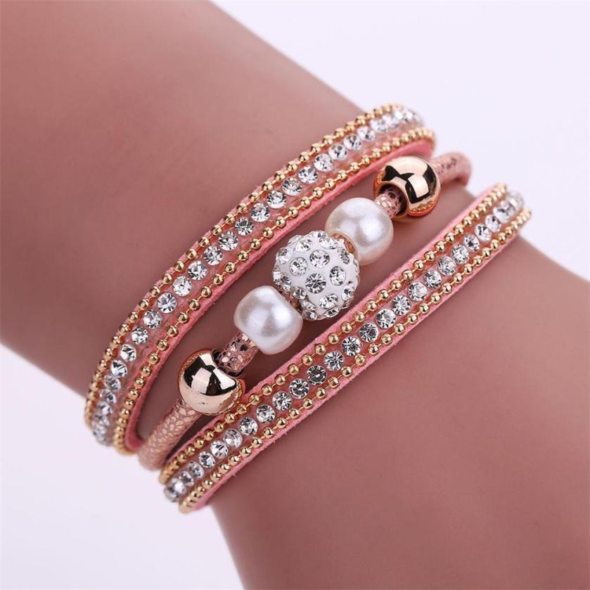 Stijl! Multilayer Bangle Armband Kristal Kralen Lederen Magnetische Polsband Mode Voor Vrouwen Vriend H0510
