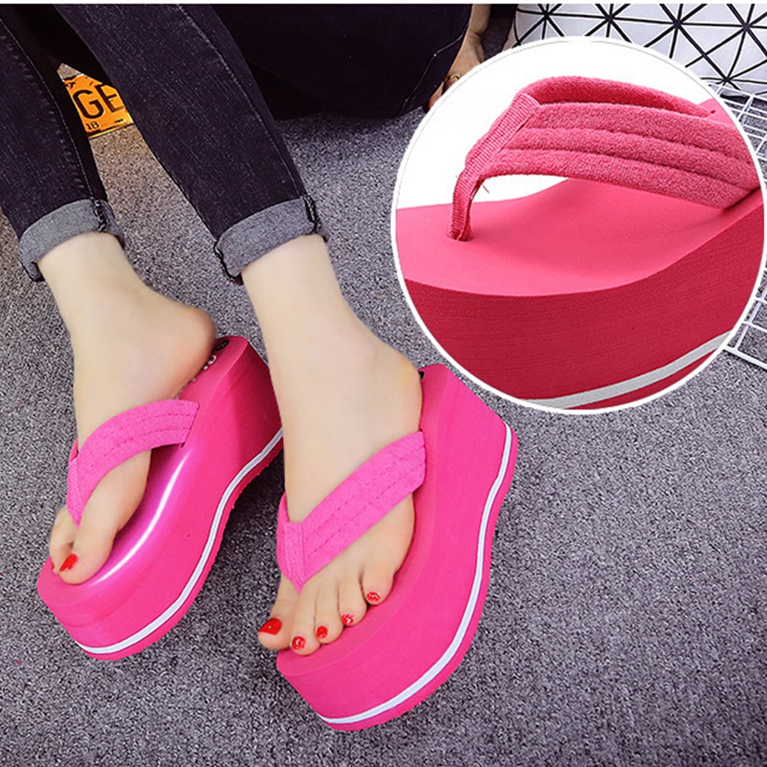 Womens EVA Casual Slip On Sandals Wedge Cute Summer Shoes Platform Heels Thong Flip Flops Solid Color