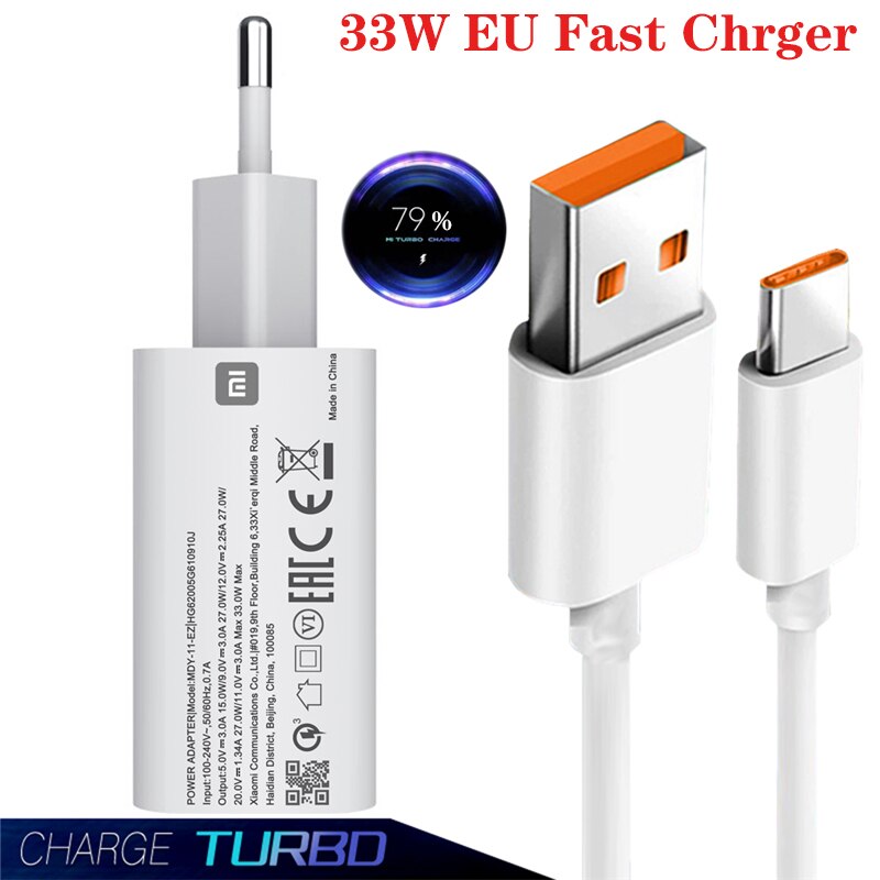 Xiaomi 33W Charger Original EU QC3.0 QC4.0 Fast Charge Adapter 5A Type C Cable For Mi 11 Note10Pro 10 9 8 SE 9T Redmi Note 9 K30