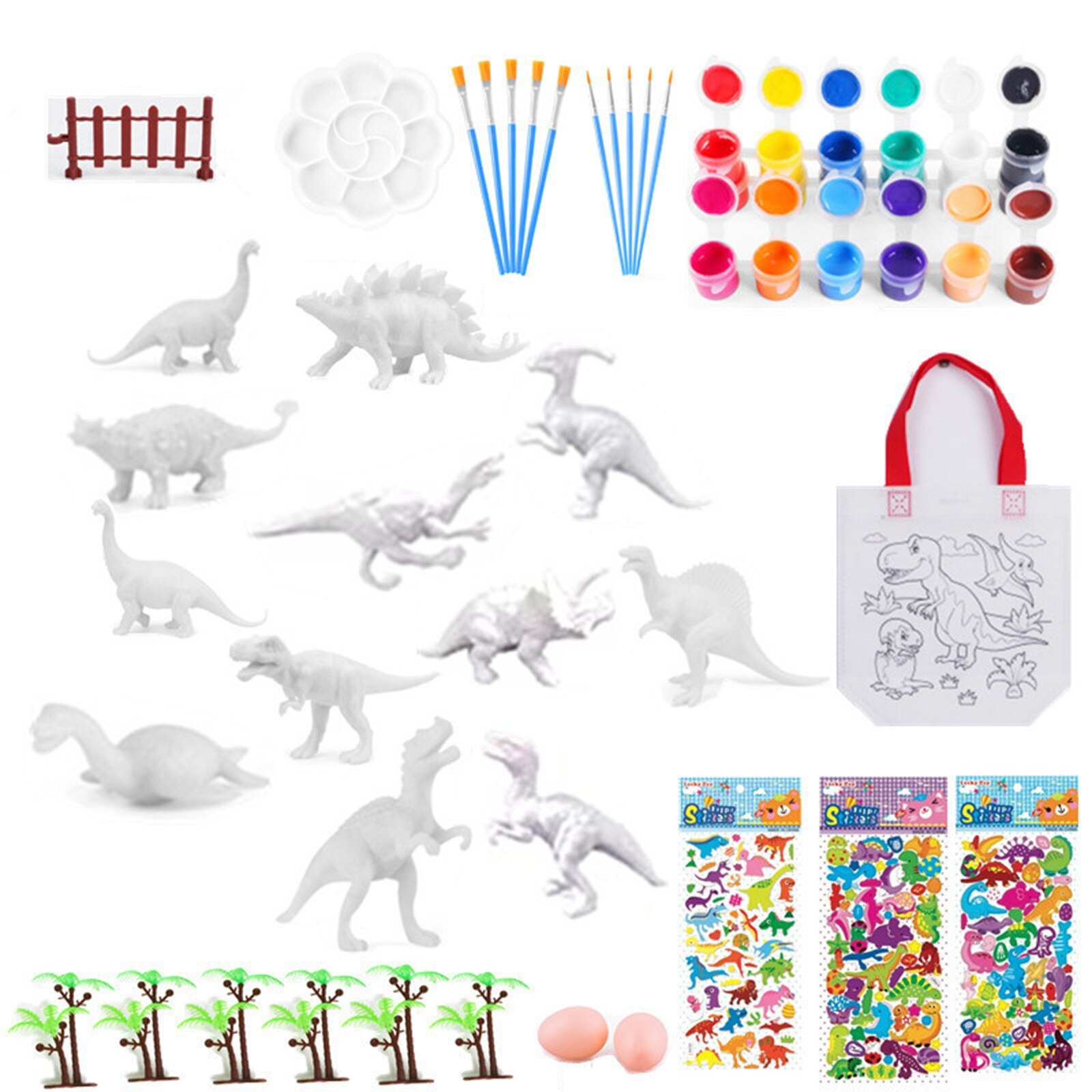 55Pcs Dinosaurus Patronen Penselen Bomen Kleurrijke Plastic Versierd Kinderspeelgoed Kinderen Diy Eeducational Speelgoed Set: Default Title