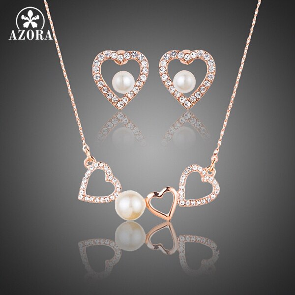 AZORA Romantic Rose Gold Color Stellux Austrian Crystal Pearl Heart Stud Earrings and Pendant Necklace Jewelry Set TG0189