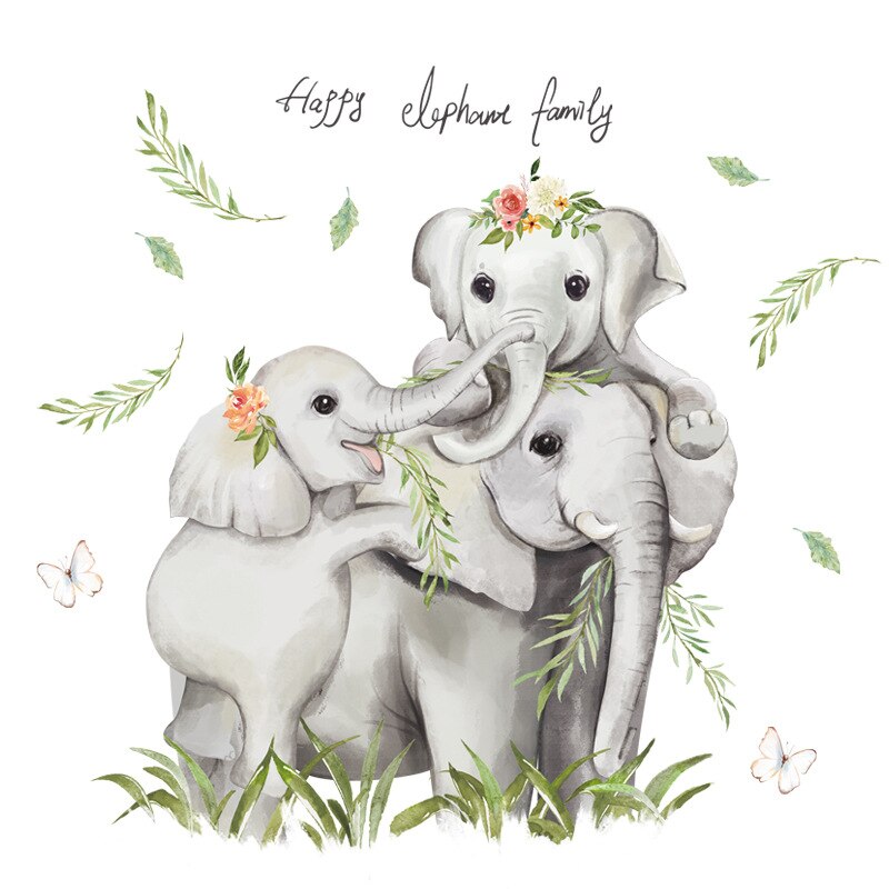 Cartoon Safari Jugle 3 Elephants Family Wall Stickers for Baby Nursery Kids Room Wall Decals PVC Bedroom Home Decor PVC Stickers: Default Title