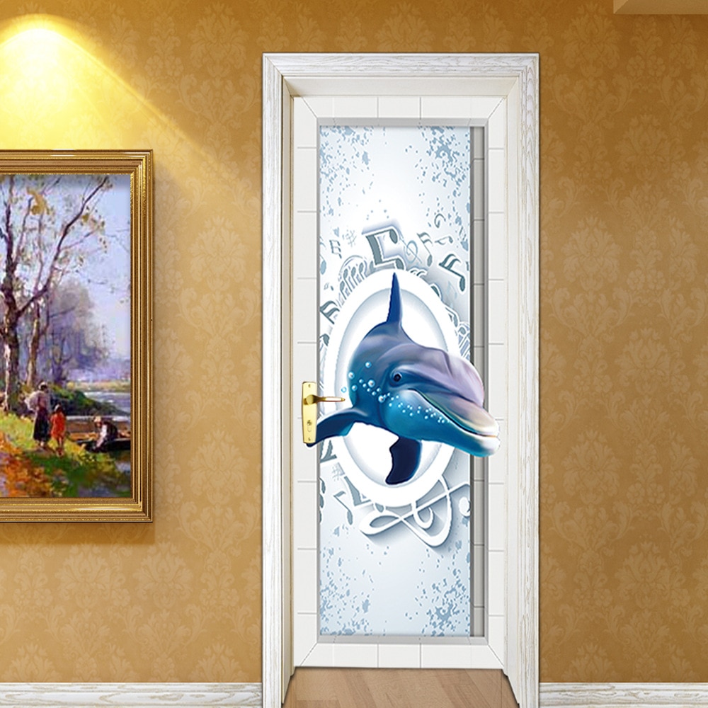 3D Blue Dolphin Door Stickers Kids Room Door Poster Wooden Steel Door DIY Renovation Decal Self Adhesive Wardrobe Wallpaper