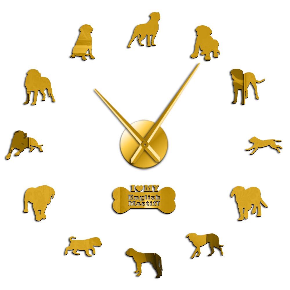 Mastiff inglés Original perro silencioso espejo de barrido superficie reloj DIY decorativo para marcador amante mascota propietario Oficina sala de estar: Gold / 27 inch