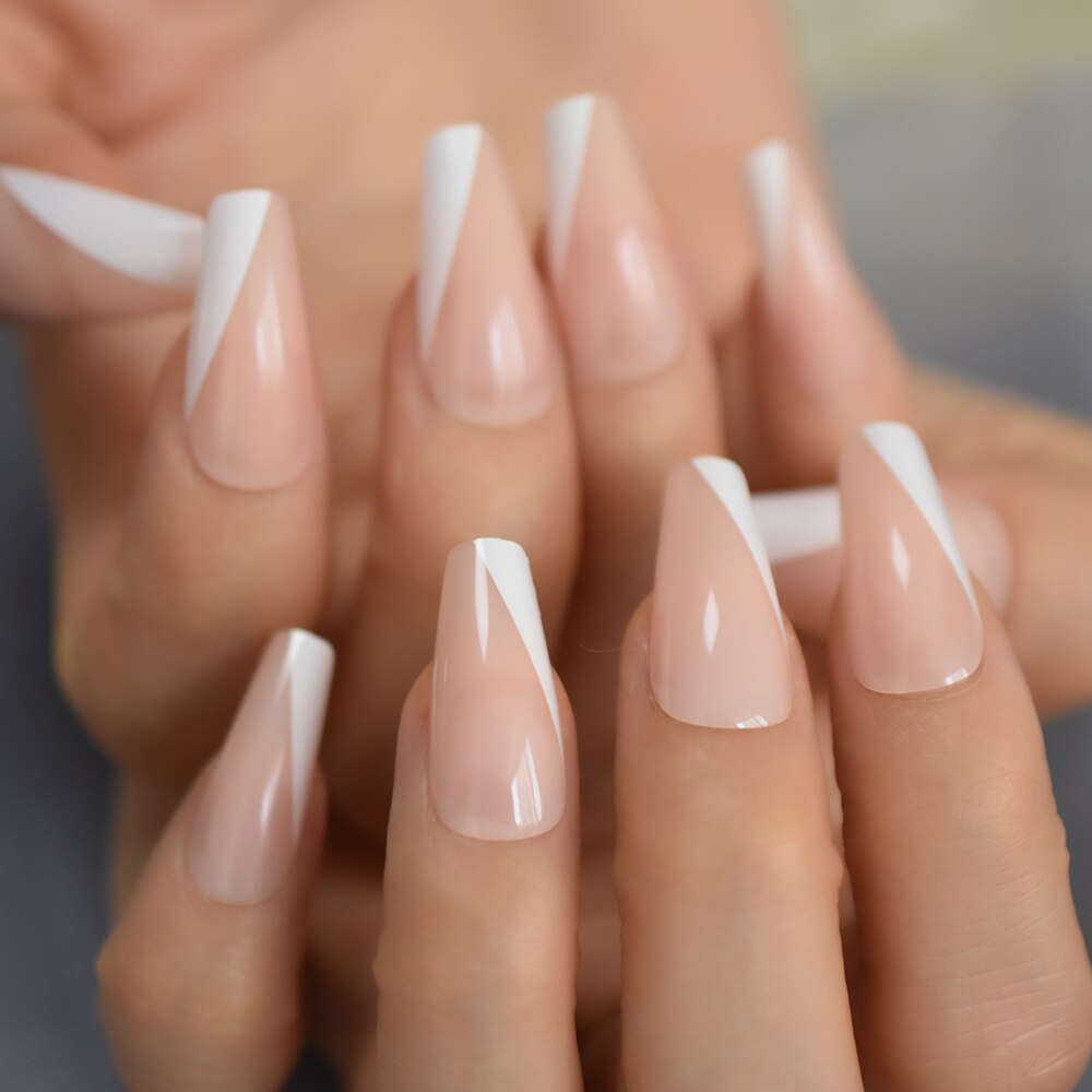 White V Shape French Nails Medium Stiletto Press On Nails Natural Color Predesigned Tips with Glue Sticker: L5632