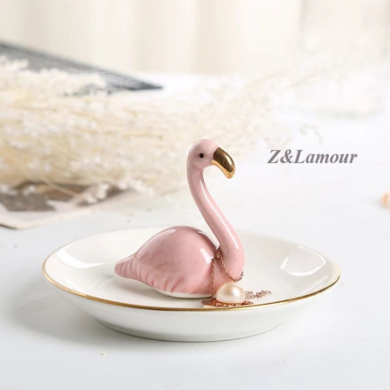 Z & lamour yndig keramisk flamingoer smykker ring holder display rack ringe kæde armbånd øreringe bakker fad