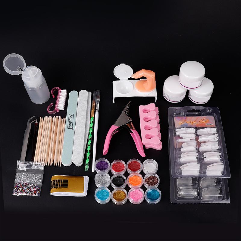 Full Acrylic Powder Nail Art Tool Starter Kit/Set Nail Tips Brush File Form DIY Kit For Beginners Nail Glitter Powder: Default Title