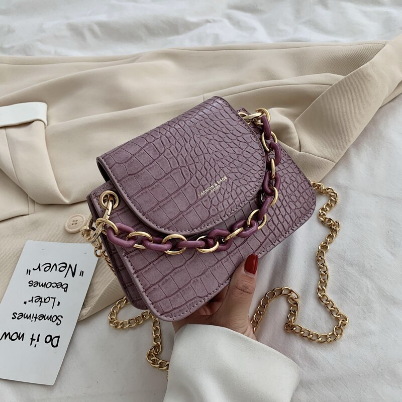 Stone pattern Mini Tote bag Summer PU Leather Women's Handbag Chain Shoulder Messenger Bag: 19 CM Purple