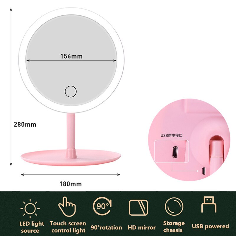 Con espejo de maquillaje ligero Led, lámpara de tocador de belleza Led para espejo de tocador espejo cosmético de atenuación táctil