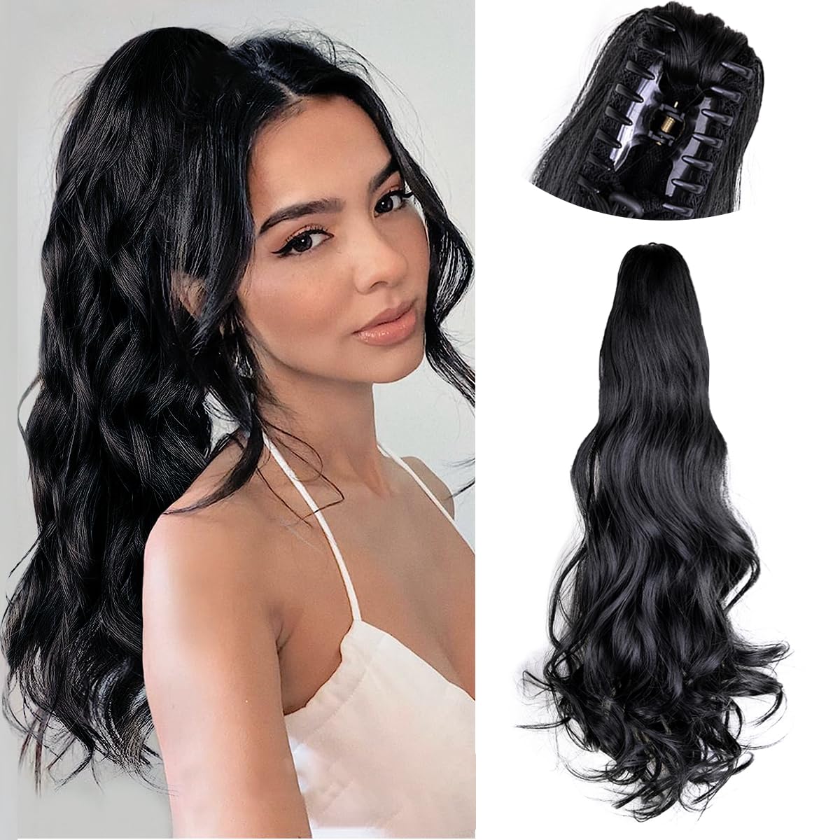 24inch Synthetic Multicolor Horsetail Extensions Very Long And Fluffy Wavy Heat Resistant For Women Curling Pieces: Natural Color