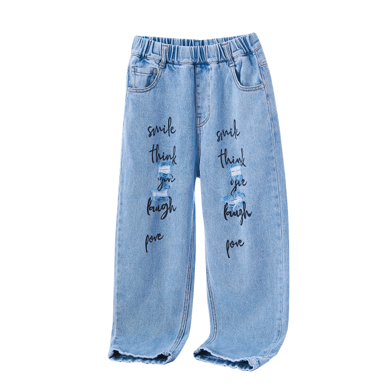 Pantalones vaqueros azules para niños, ropa de calle con letras rasgadas y agujeros, largos, lavados, para verano, 8, 10, 12 y 14 años: 12