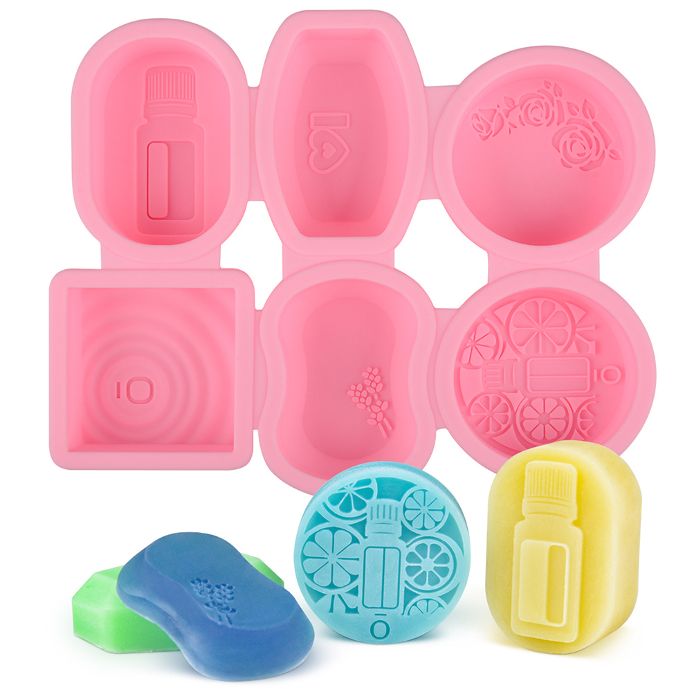 SJ moule à savon réutilisable en Silicone | Moule rond ovale carré pour le bricolage, fabrication de savon 3D forme de savon artisanale 6 motifs faits à la main