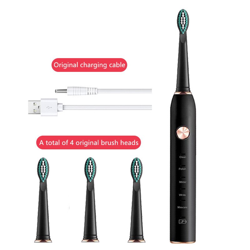VIP Powerful Ultrasonic Sonic Electric Toothbrush USB Rechargeable Tooth Brush Adult Electronic Washable Whitening Teeth Brush: YS003-Black 4 heads