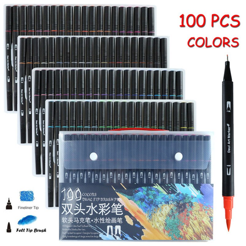 100 färger med dubbla spetsar penselpennor filtpenna konst markör fine liner pensel ritning konst måla akvarell penna för att färga manga